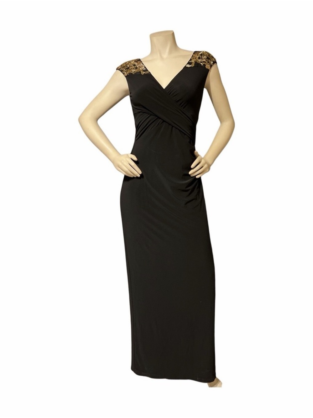 Ralph Lauren Black Maxi Dress with Gold Sequin Shoulders
